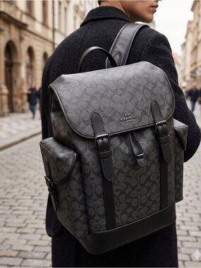 Coach League Flap Backpack in Signature Canvas – Charcoal/Black